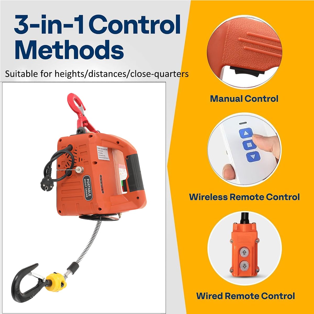 Paranco Elettrico Portatile Carico 500 kg, 3 in 1 Paranco Elettrico con Telecomando Senza Fili 7,6 m/25ft, 1500W Verricello Elettrico Gru di Sollevamento