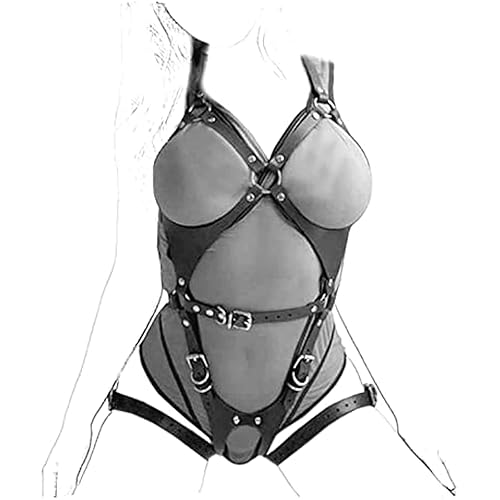 Iordan Women Faux Leather Bondage Body Belt Adjustable Belt Sexy Punk Strapless Strap Lingerie Garter Belts (F,Black)