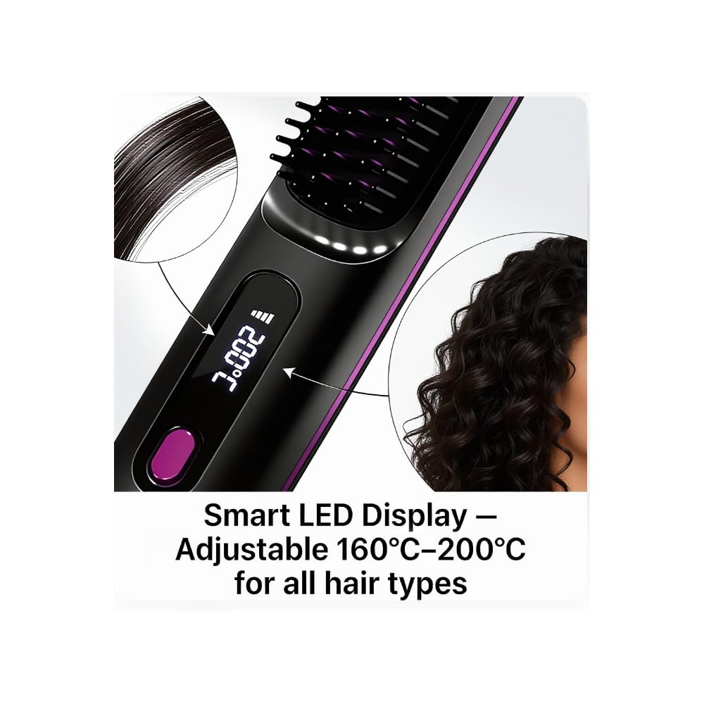 Spazzola piastra lisciante per capelli senza fili, 3-in-1 piastra elettrica con display LED e protezione in ceramica, ricaricabile USB, spazzola da viaggio portatile per capelli corti e lunghi 160-200