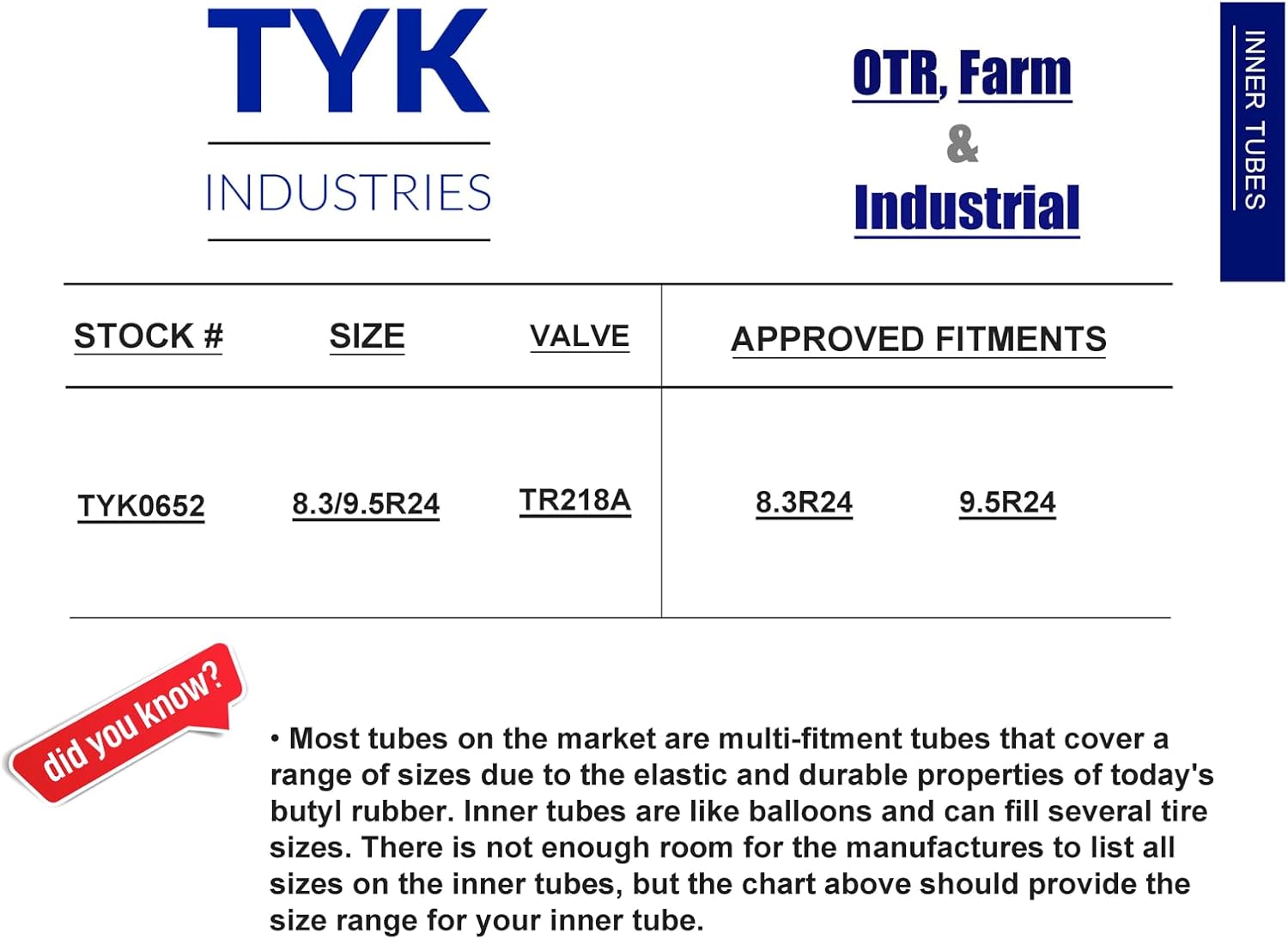 Two 8.3/9.5R24, 8.3-24, 9.5-24 Tractor Tire Inner Tubes with TR218A Valve Stems for use in Radial or Bias Tires by TYK Industries