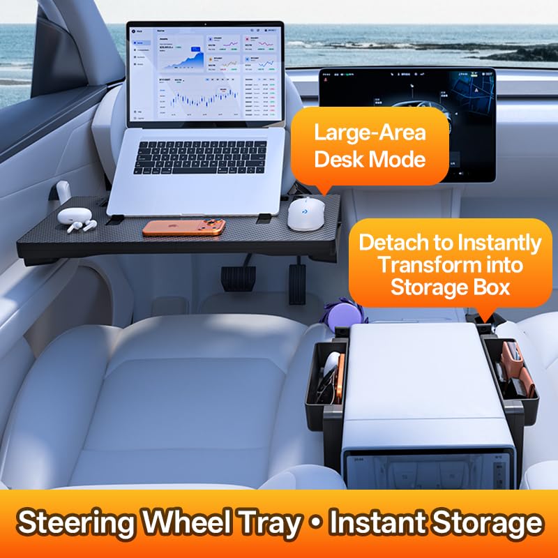 Image of BestYiJo 2-in-1 Car Steering Wheel Tray & Car Seat Gap Filler Organizer - Removable Carbon Fiber Look Table for Laptop Work, Eating Food, Writing on Standard Round Steering Wheels