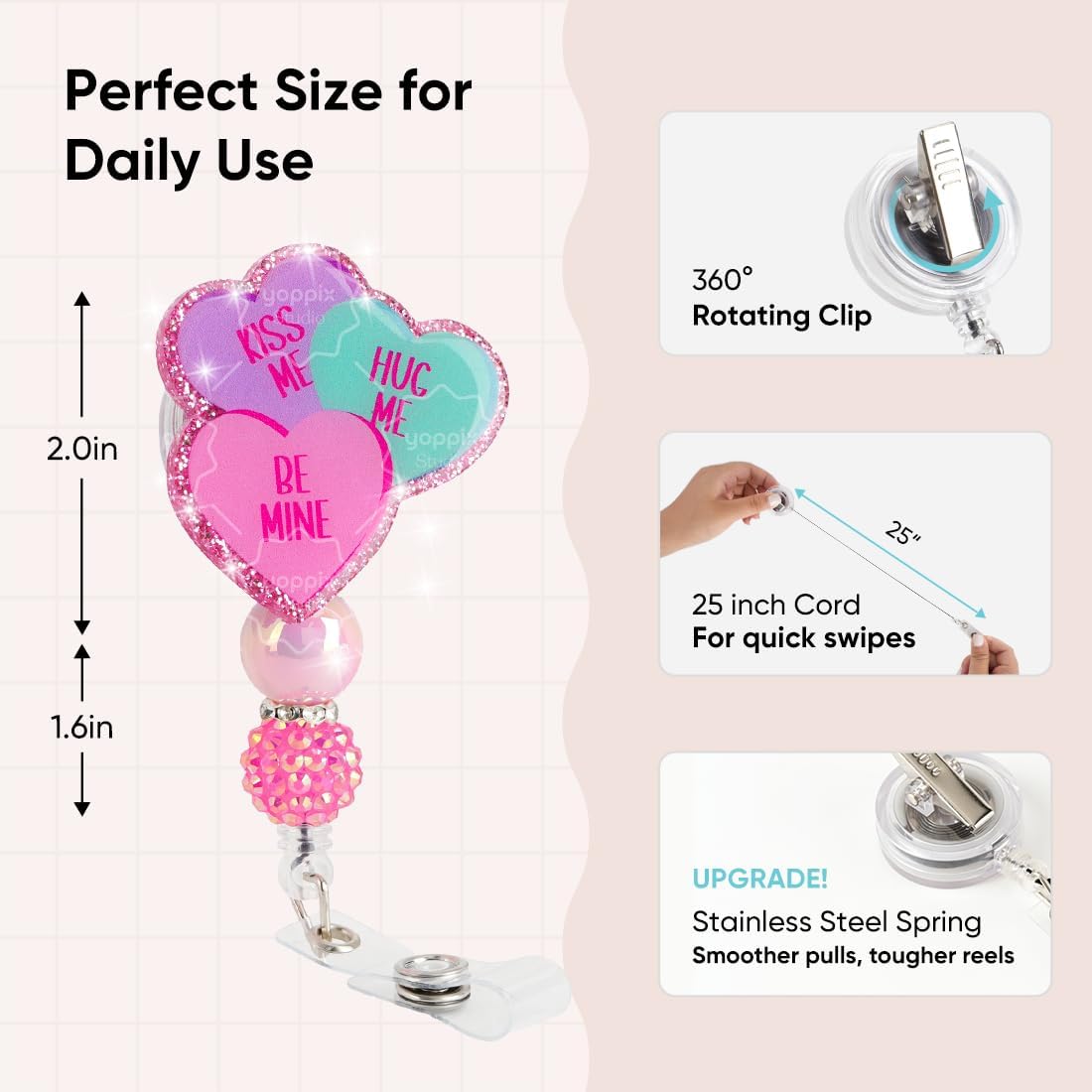 Valentine's Day Badge Reel, Loving Nurse Sparkly Glitter Retractable Badge Reel for Nurses RN EN Doctor Paramedic Teachers Medical Office Womens - Image 5