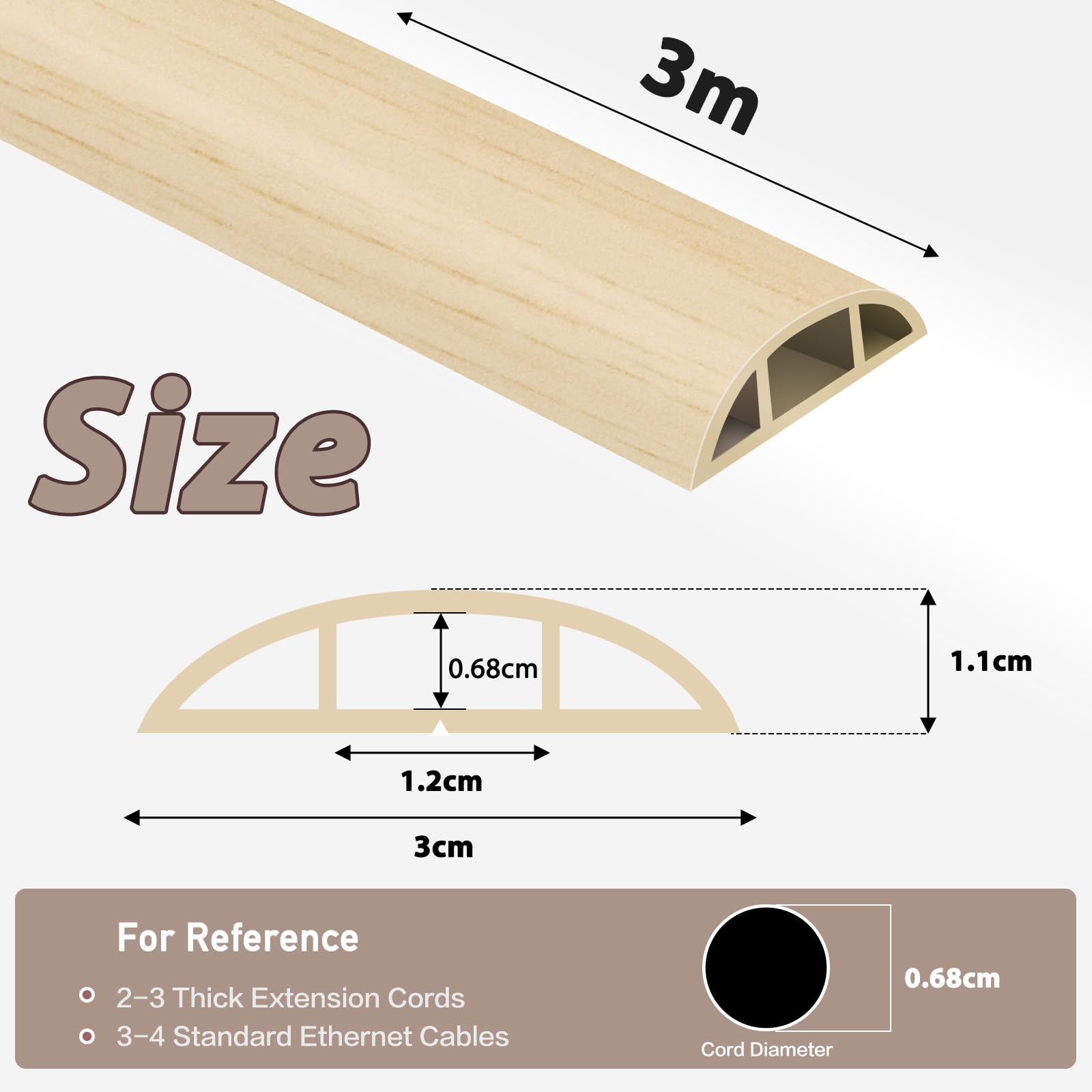 Canaletas para Cables Adhesiva canaleta pasacables para Suelo Cubiertas de Suelo para Cables pasacables de PVC (3m×3cm, Grano de Madera Beige) - 2