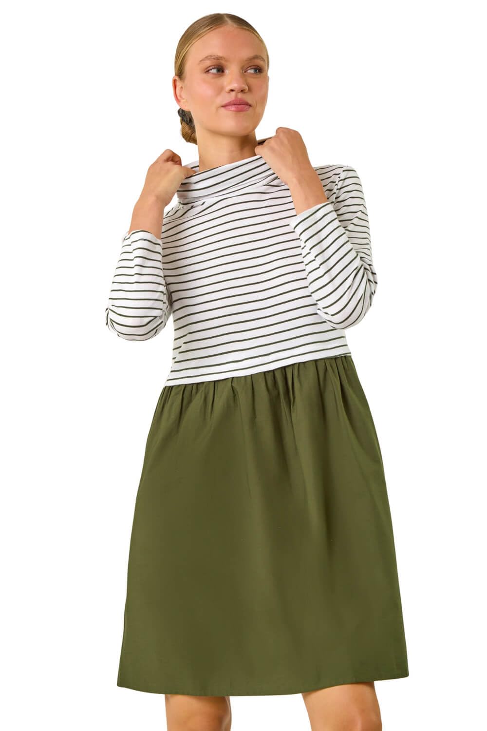 Roman Originals Women's Khaki Stripe Print High Neck Smock Dress For Uk - Everyday Autumn Winter Comfy Soft Evening Vacation Work Party Night Out - Size 12
