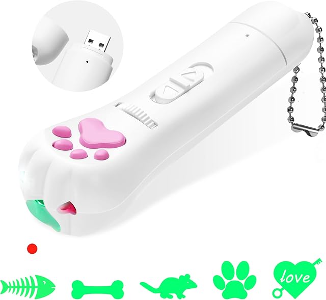FYNIGO Interactive Cat Toy,Cat Toys for Indoor Cats Interactive,Rechargeable Cat Teaser Wand Toy with Classic Light and 5 Green Patterns,Latest Safety Pet Toys