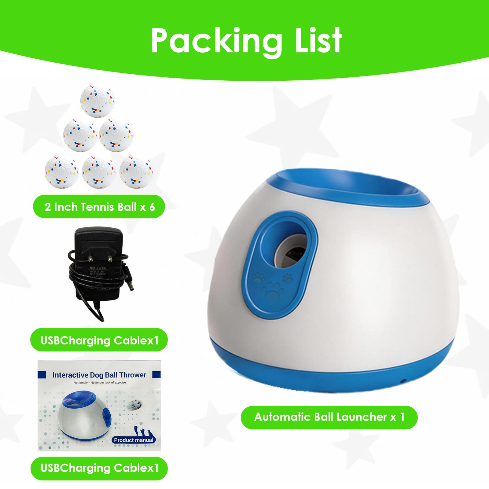 Lanzador de pelotas automático para perros – Máquina interactiva de lanzamiento de bolas con 3 anchos de lanzamiento ajustables, incluye 6 pelotas de tenis, para perros pequeños y medianos y