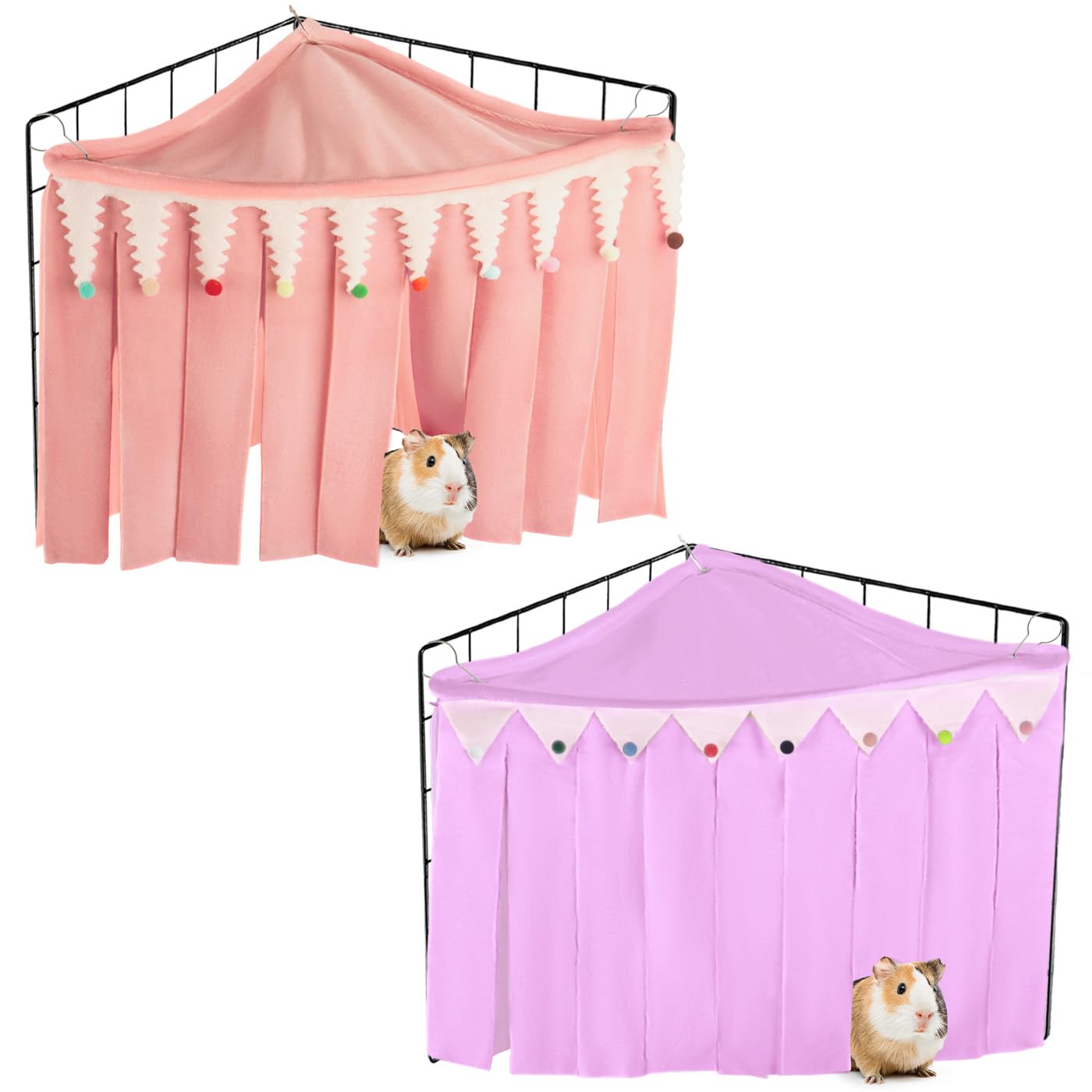 Wznnlt 2 Packs Guinea Pig Hideout, Triangle Hideaway Hammock Corner with Soft Fabric for Cage, Hammock Hanging Corner for Guinea Pig Hamster Squirrel Rabbit(Pink+Purple)