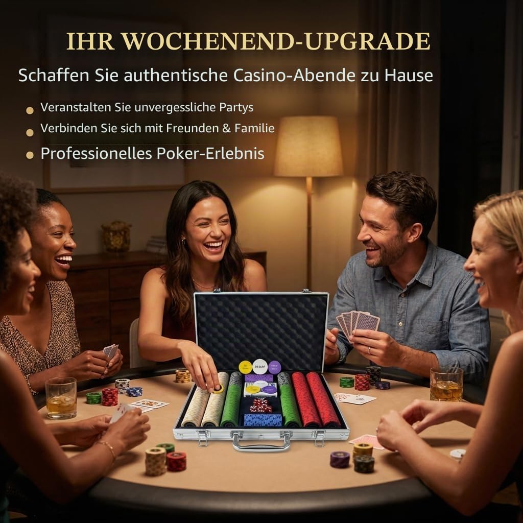 HEITOK Pokerkoffer 300 Pokerchips 11,5g Eisenkern nummeriert Texas Holdem | Blackjack, Heimcasino, 2-8 Spieler, lesbare Werte, 2 Decks, 5 Würfel, Dealer+Blind Buttons, Transport, schneller Tischaufbau