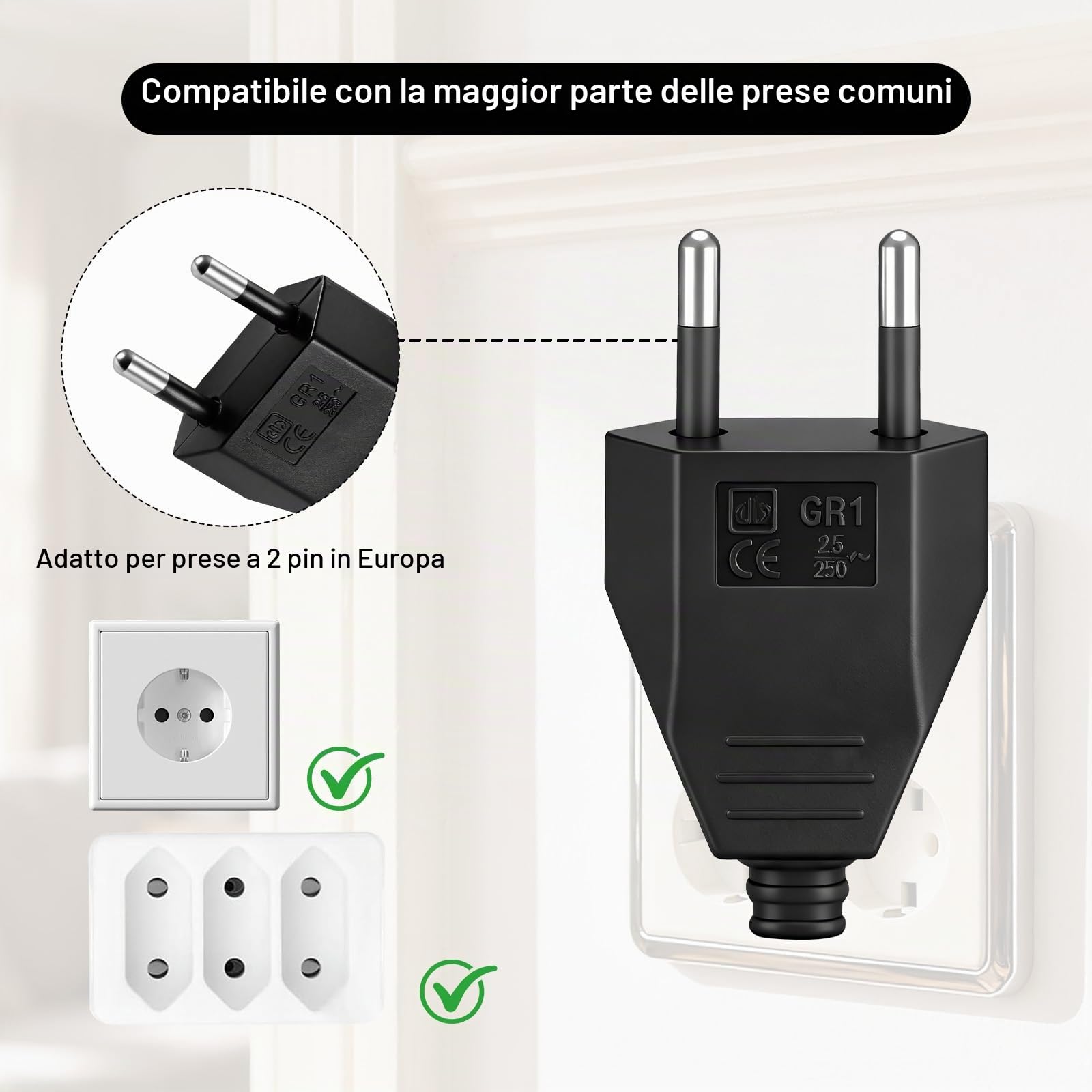 Starvortex 8 Pezzi Spine Europee Piatte, Spine Elettriche da 250V 2,5 A, Spine Piatta Salvaspazio con Cacciavite Incluso, Colore Nero. Adatte per Elettrodomestici e Uso in Viaggio