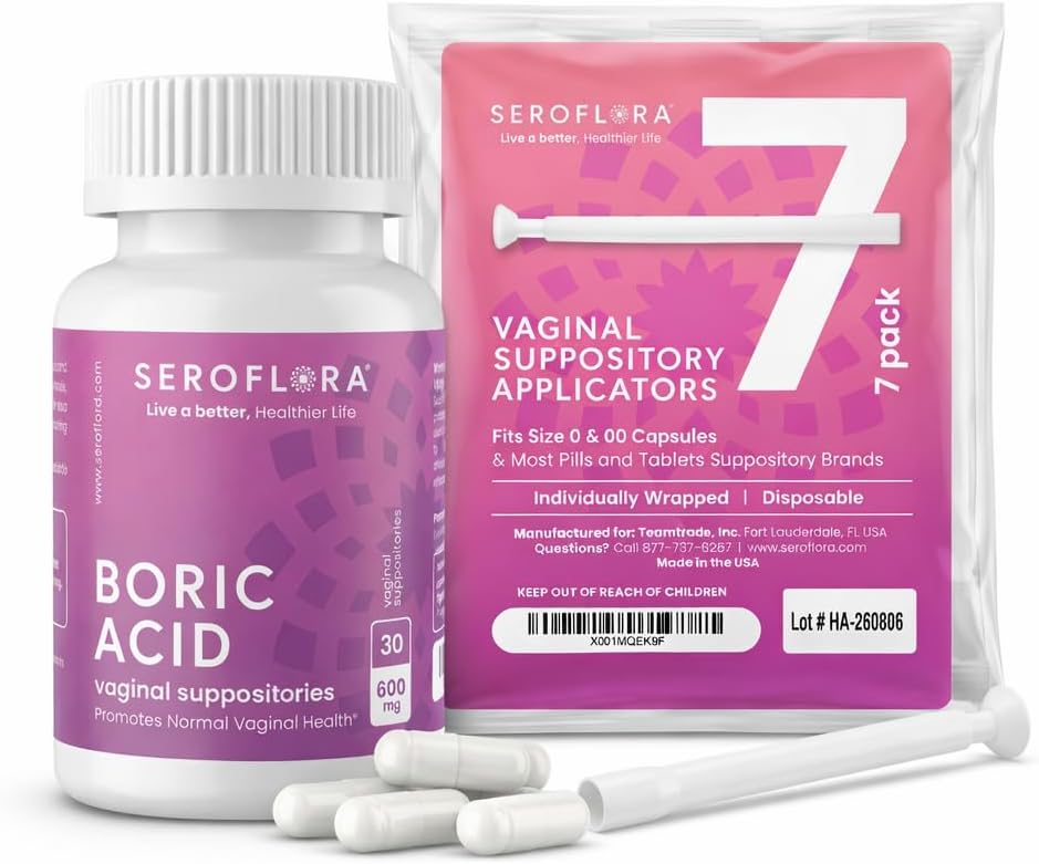 Seroflora Boric Acid Vaginal Suppositories 600mg – 30 Count with 7 Applicators for Odor Control & pH Balance Feminine Hygiene Support, Natural Intimate Care, Made in USA