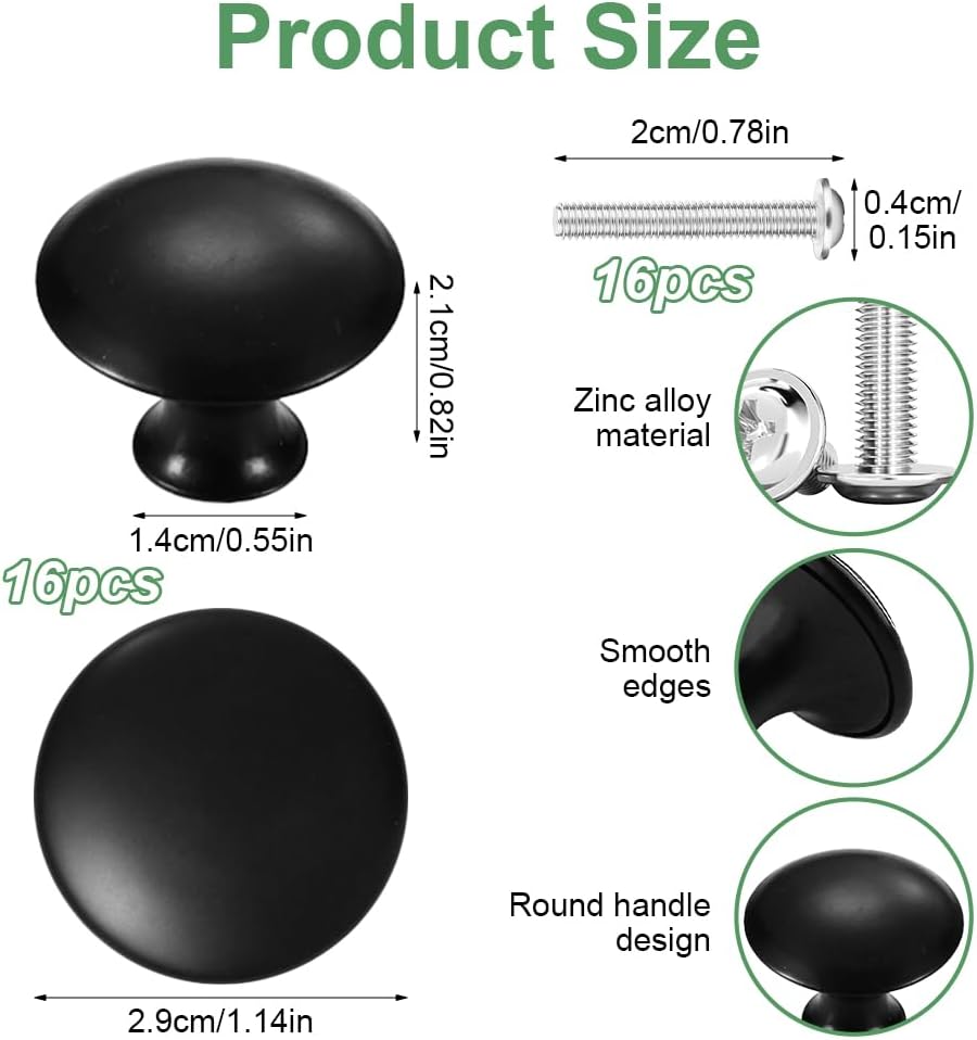 Pack of 16 Cabinet Knobs with 16 Screws, 30 mm Furniture Knobs, Black, Round Furniture Knobs, Cabinet Door Knobs, Dresser Knobs, Kitchen Knobs, Drawer Knobs for Kitchen, Cupboard, Drawer, Dresser,