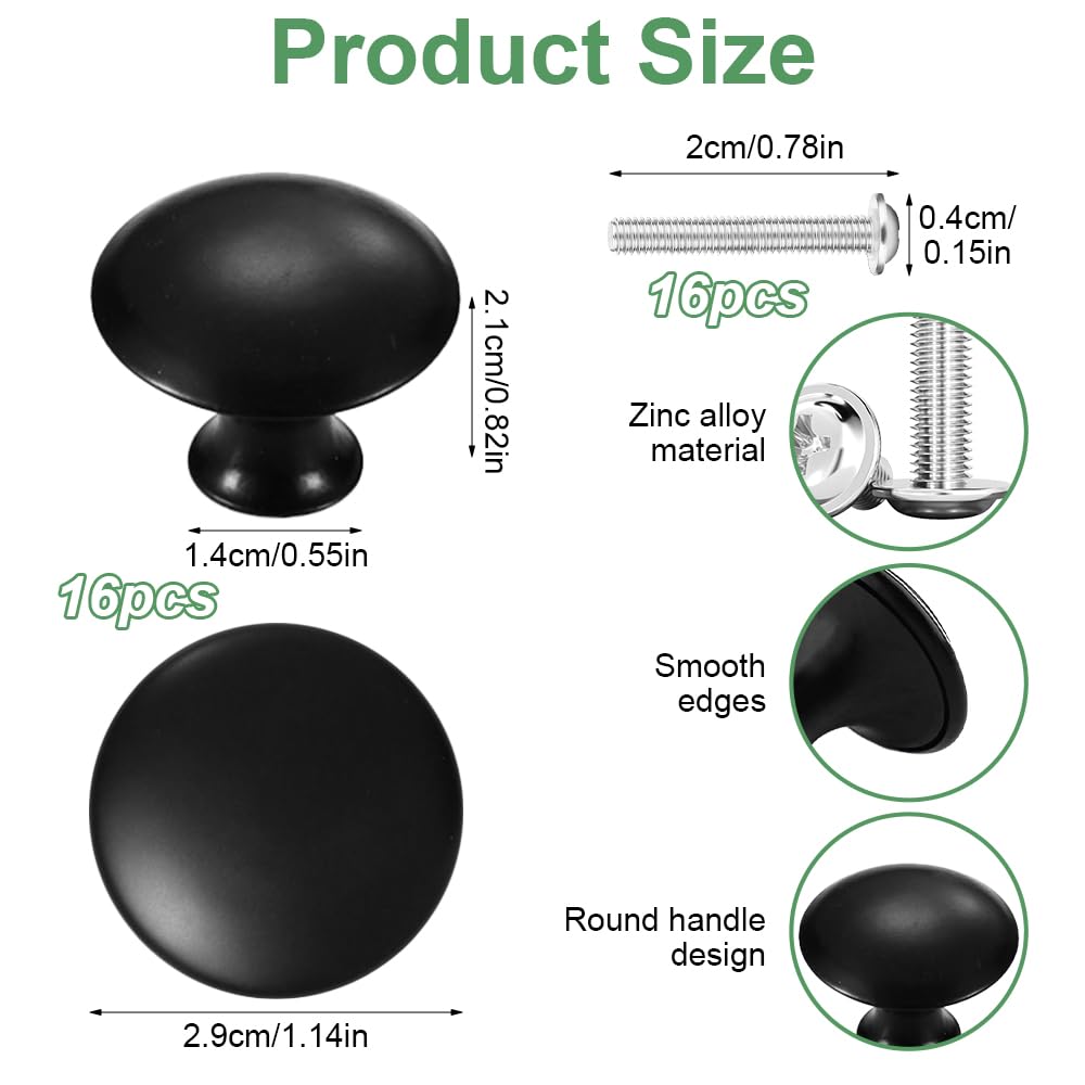 16 Pomelli Per Mobili Nero Opaco - 30mm - Con Viti - Per Cassetti E Armadi