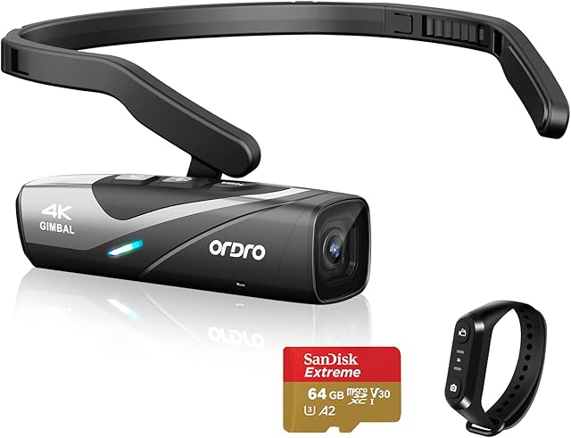 ORDRO EP8 4K Camcorder 60FPS Vlog Head Camera Lightweight Wearable Video Camera, Wi-Fi App Control, IPX5 Waterproof, 2-Axis Gimbal Stabilizer with Remote Control and 64GB Micro SD Card