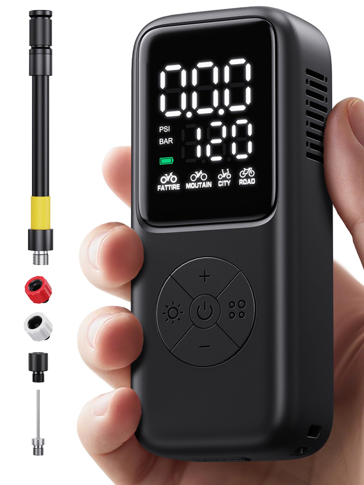 GPUTEK BL02 pump inflating a bicycle tire, with text highlighting fast inflation times: 20 seconds for topping off (80-100 PSI) and 80 seconds for full inflation (flat-100 PSI).