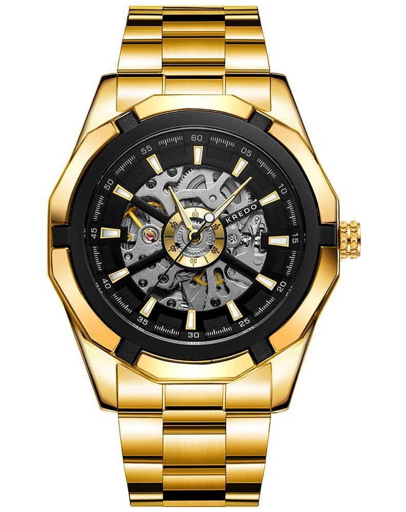 Kredo Men Performante Mechanical Automatic Water Resistant Self-Winding Skeleton Analogue Stainless Steel Wrist Watch-KW131 | Golden Strap Black Round Dial | Designed in Amsterdam (B09N9NPVZZ) Amazon Price History, Amazon Price Tracker