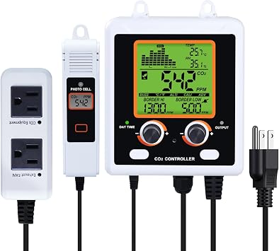 CO2 Controller, Carbon Dioxide Controller Dual Outlets, Two-Plug System CO2 Sensor with Large Screen Display CO2 Monitor CO2 Controller for Grow Room and Grow Tent