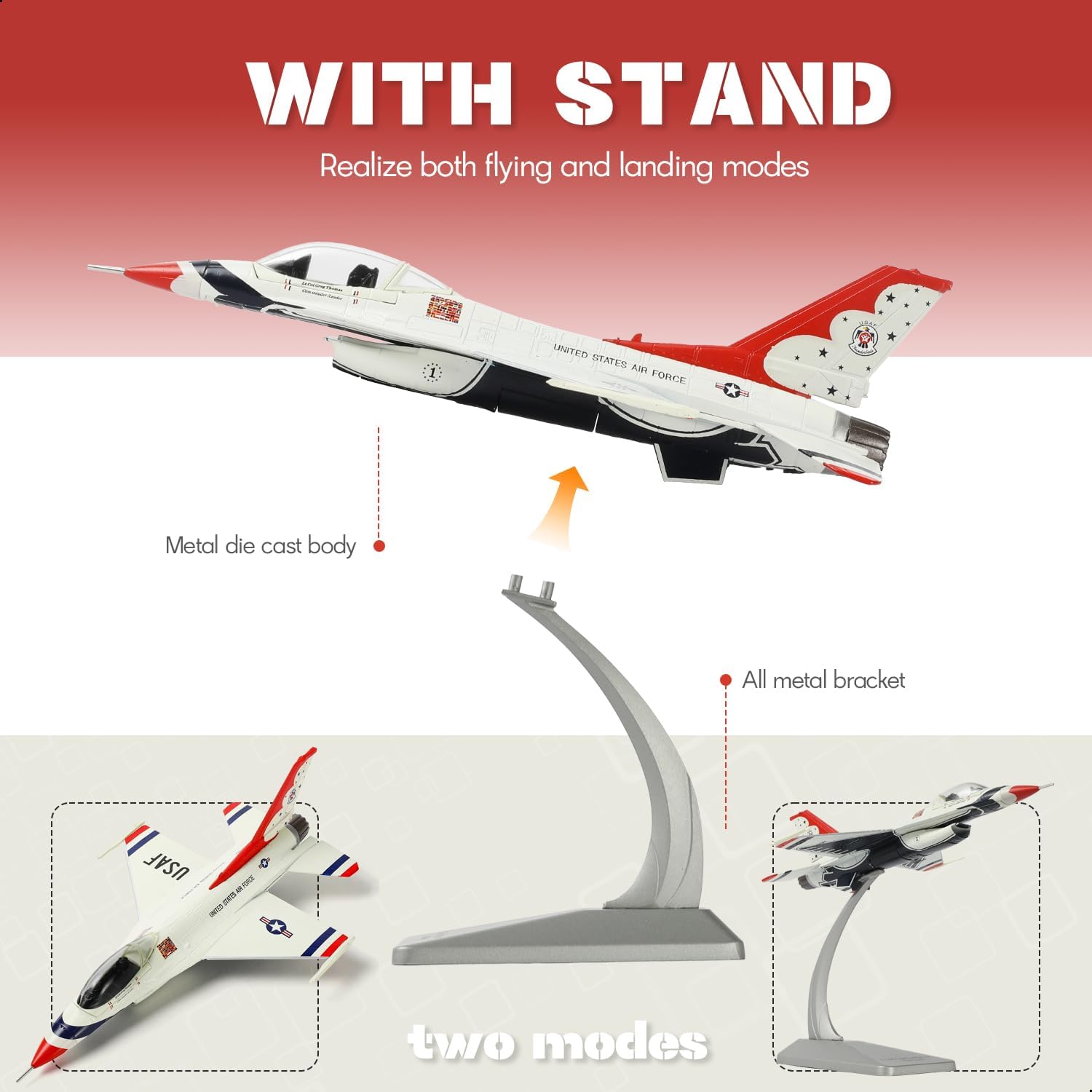 1/100 Scale F-16C Fighting Falcon Fighter Jet Model US Air Force Air Demonstration Squadron (Thunderbirds) Military Aircraft Miniature Metal Diecast Airplane Model Kit for Adult Collection