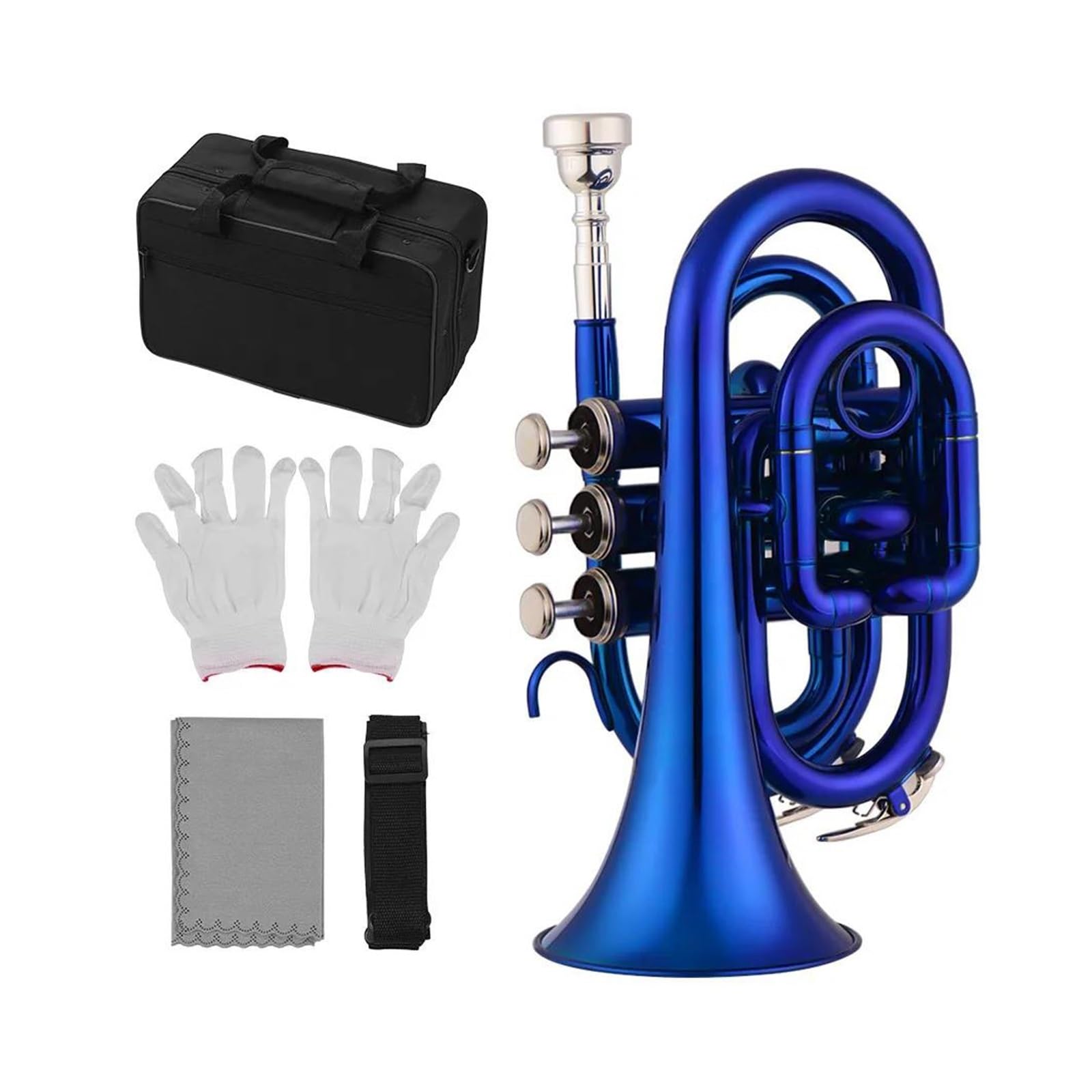 Trąbki Trąbka Kieszonkowa Bb, Płaski Instrument Dęty Z Mosiądzu Z Ustnikiem, Futerał Do Przenoszenia Akcesoriów (Color : Blue)