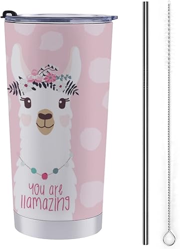 Miniatura 1 de ALLMIX SPOROT Vaso de acero inoxidable con llama de alpaca rosa de 20 onzas con tapa y pajilla vaso de café aislado para mamá papá regalo del día de