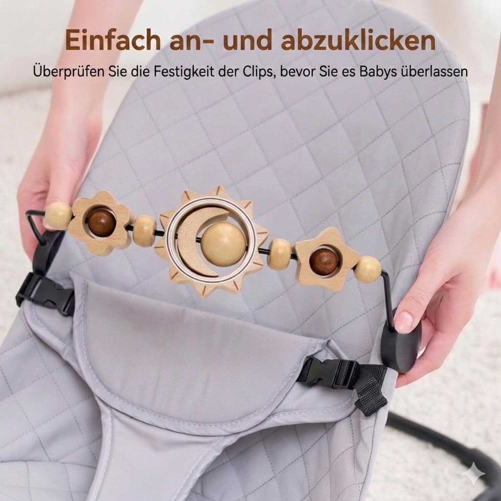 Spielzeug für Babywippe, kompatibel mit Baby Björn Bouncer Balance Soft & Bliss, drehbare Holzspielzeugstange, sensorisches Spielzeug für Babys jeden Alters (Sonne und Mond)