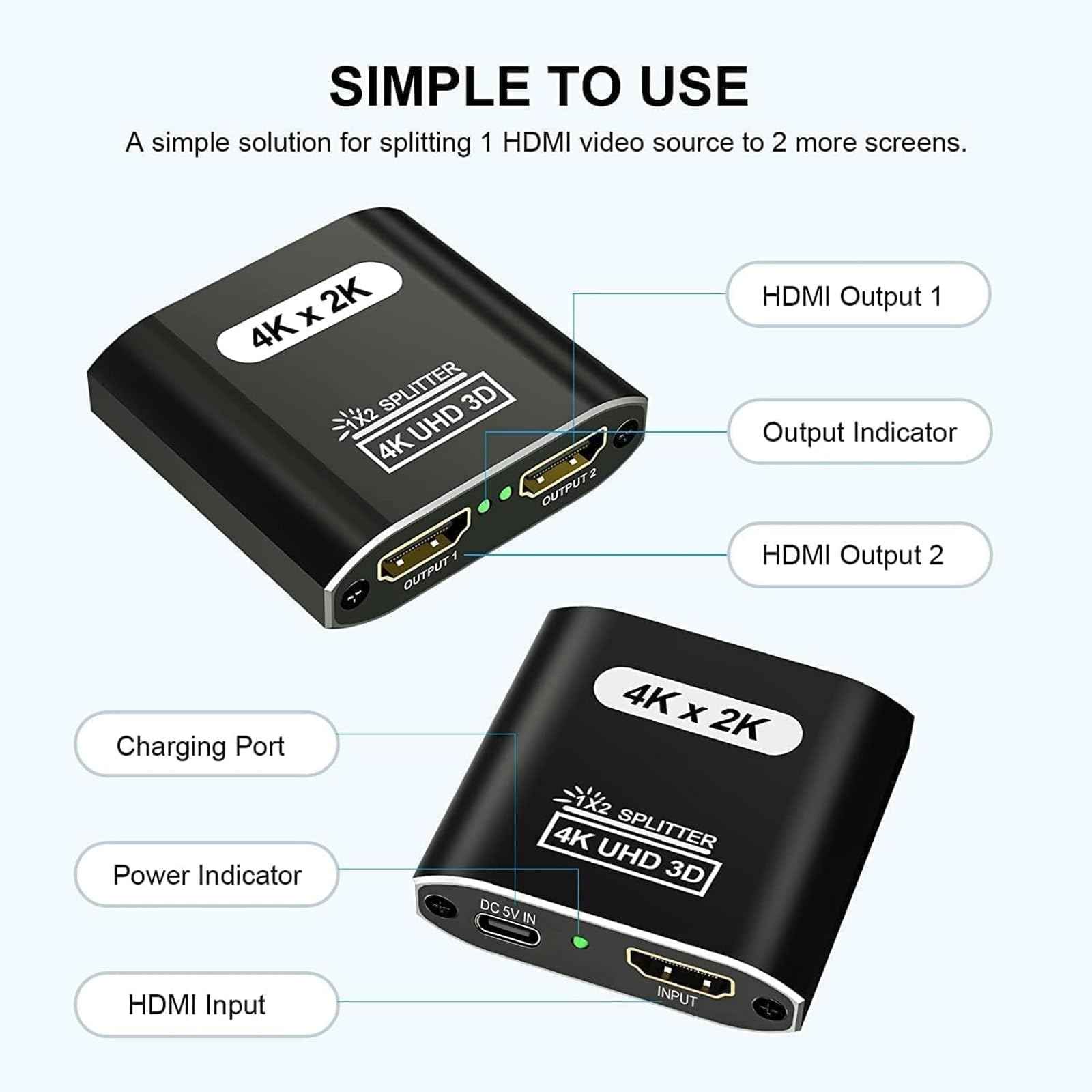 HDMI Splitter 1 entrée 2 Sorties - 4K Répartiteur hdmi 1 Input 2 Output pour Lecteurs DVD Consoles de Jeux appareils de Streaming - Miroir Uniquement ne Pas étendre