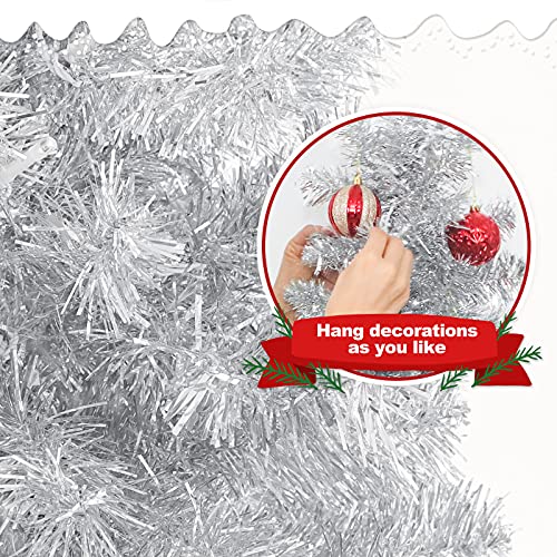 Decoway Pre-Lit Pencil Christmas Tree 6Ft Artificial Silver Tinsel Xmas Tree With Metal Stand #TOP6