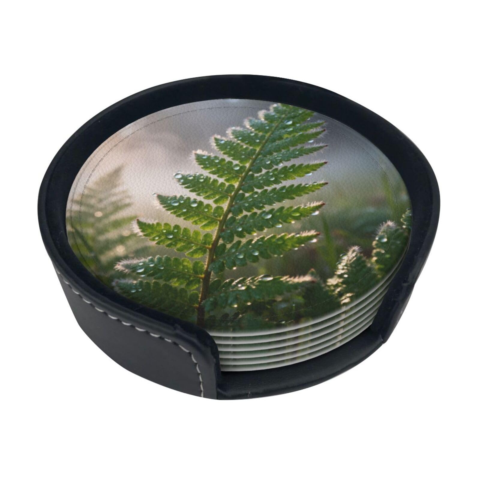 Cntdbu White Fern Leaf Dew Leather Coasters Set Of 6-Pu Leather Drink Mats For Table, Heat Resistant Round Coasters With Holder