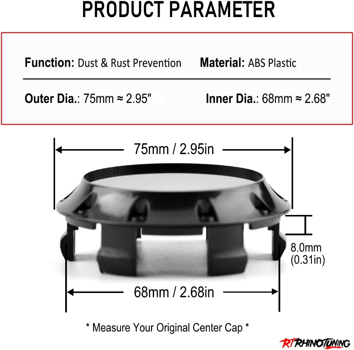 RTRHINOTUNING 4 PCS 75mm Wheel Center Caps 2.95in Center Caps for Rims, OD: 2.95"(75 mm) ID: 2.68"(68 mm) Black Hub Caps