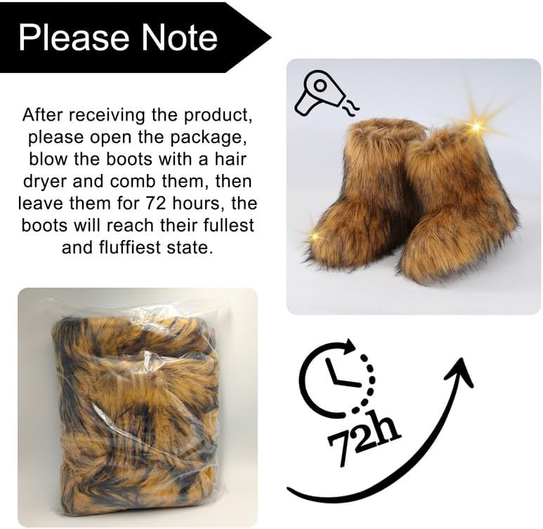 ipx Furry Faux Fur Boots for Women Fuzzy Fluffy Mid Calf Round Toe Snow Boots Women's Fashion Comfy Winter Boots Plush Warm Short Flat Heel Mid-Calf Shoes - Image 6