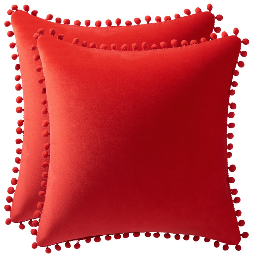DEZENE Throw Pillow Covers 18x18 Red: 2 Pack Cozy Soft Pom-poms Velvet Square Decorative Pillow Cases for Farmhouse Home Decor