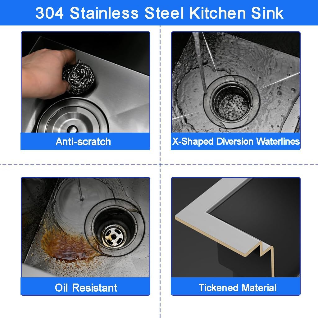 18 x 19 Inch Modern Drop In Kitchen Bar Sink, 304 Stainless Steel Black Single Bowl Topmount Sink, Nano Laundry RV Deep Workstation Sinks with Drain Strainer & Grid
