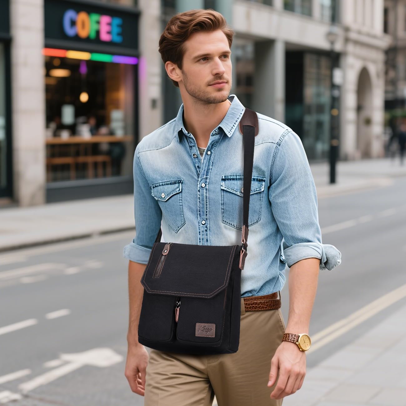 Sacoche Homme Femme, Léger Multi-poches Sac Bandoulière Homme Femme en Toile Vintage 11 Pouces Besace Pochette Porté Epaule pour Affaires Travail Voyage Scolaire
