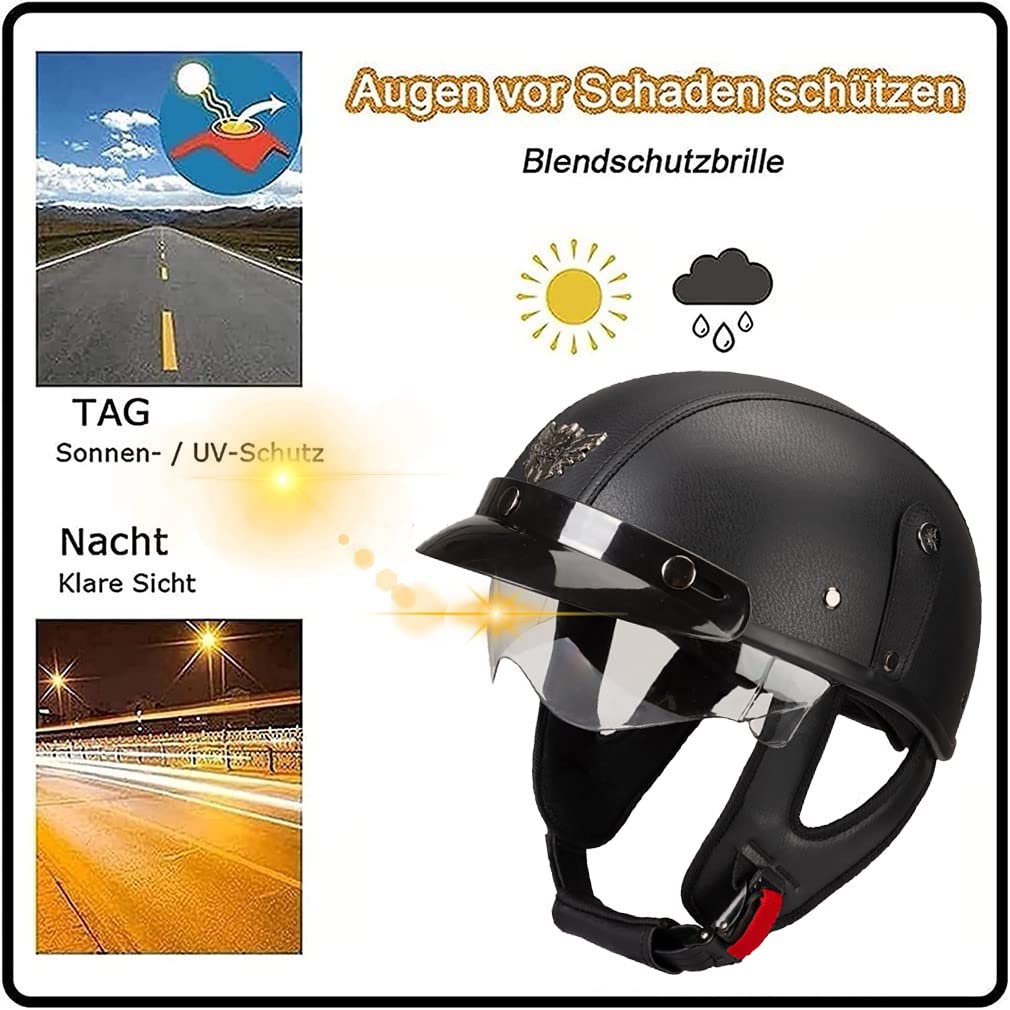 Kask motocyklowy Kask Vintage Jet Skórzany kask z certyfikatem ECE/kropka Kask Cruiser Chopper Kask Skuter Kask Motocyklowy Kask Moped Odpowiedni dla dorosłych mężczyzn i kobiet