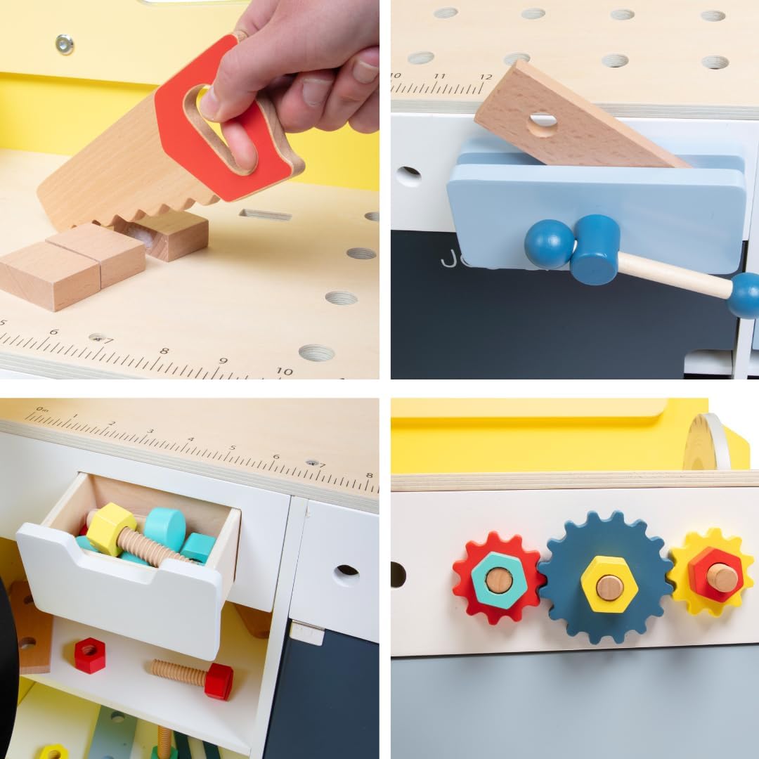 Construction Truck Wooden Kids Playset w 60+ Toy Pieces- Pretend Hammer, Saw, Bolts, Screws- Spinning Turn Saw, Steering Wheel, Wood to Pull Apart- Dual Sided Stand Center, Workbench Building Activity