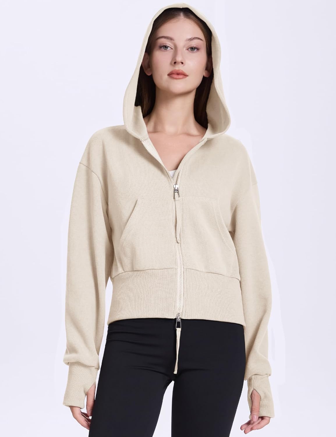 Flygo Women's Cropped Zip Up Hoodie Long Sleeve Drop Shoulder Sweatshirts Casual Ribbed Hem Workout Top Jacket with Pockets - Image 4