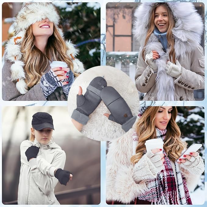 Winter Fingerless Gloves for Women, Convertible Mittens Glove Warm Fur Half Finger Cover Gloves for Cold Weather - Image 6