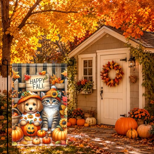 Image of Fall Thanksgiving Garden Flag, 12x18 Inch Dog Cat Pumpkin Yard Decor | Double-sided polyester with happy fall puppy and kitten artwork, adding cozy autumn charm to outdoor displays