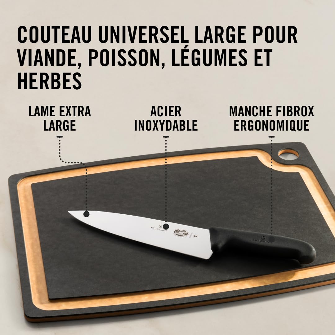 Victorinox Fibrox Couteau de chef, Large couteau universel pour viande, poisson, légumes et herbes, 20 cm, Lame lisse, Tranchant, Inox, Noir