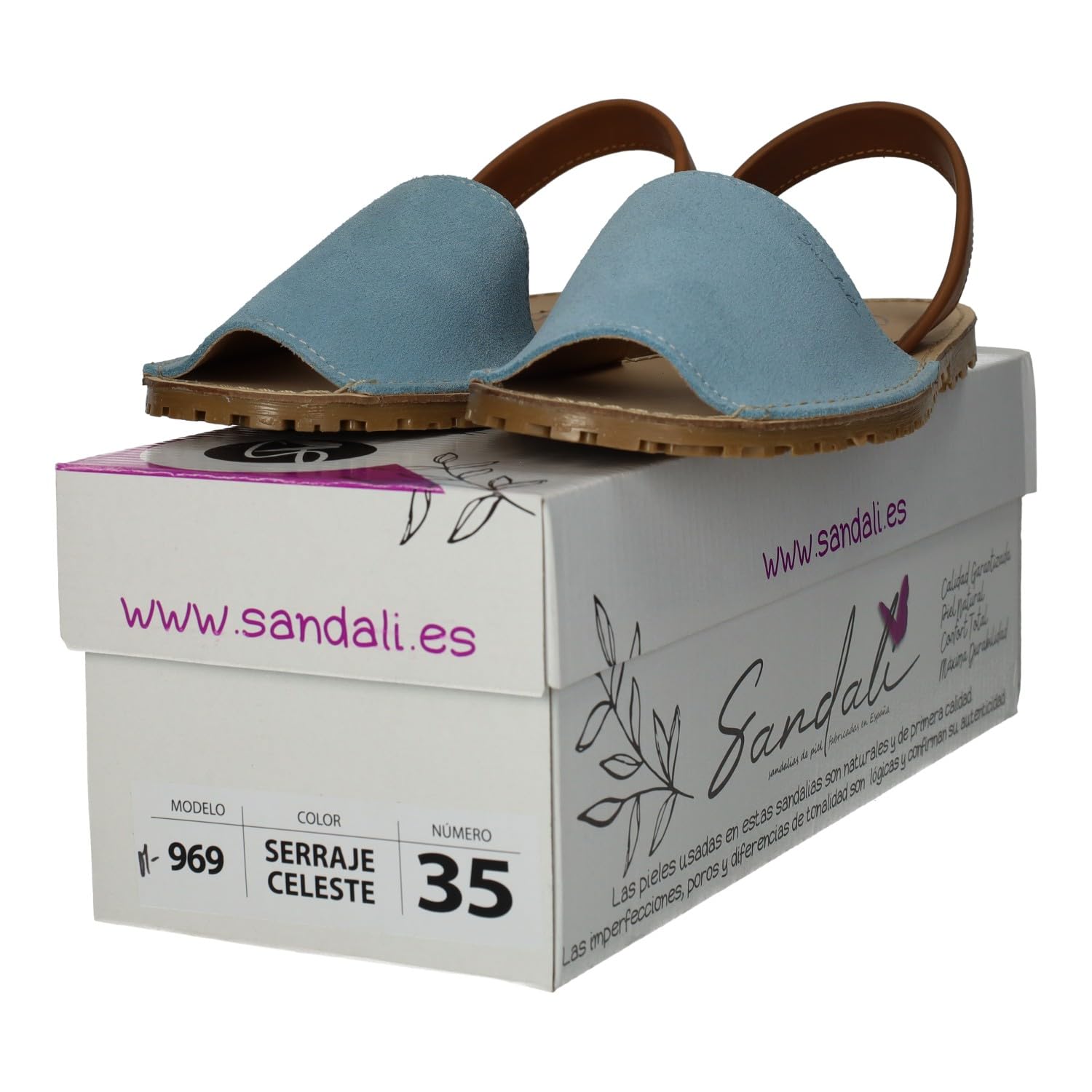 SANDALI M-969 Menorquinas Azul Cielo de Piel para Mujer, Hechas en España, Modelo clásico con Cinta Trasera Que sujeta el pie, Hechas en España Mujer