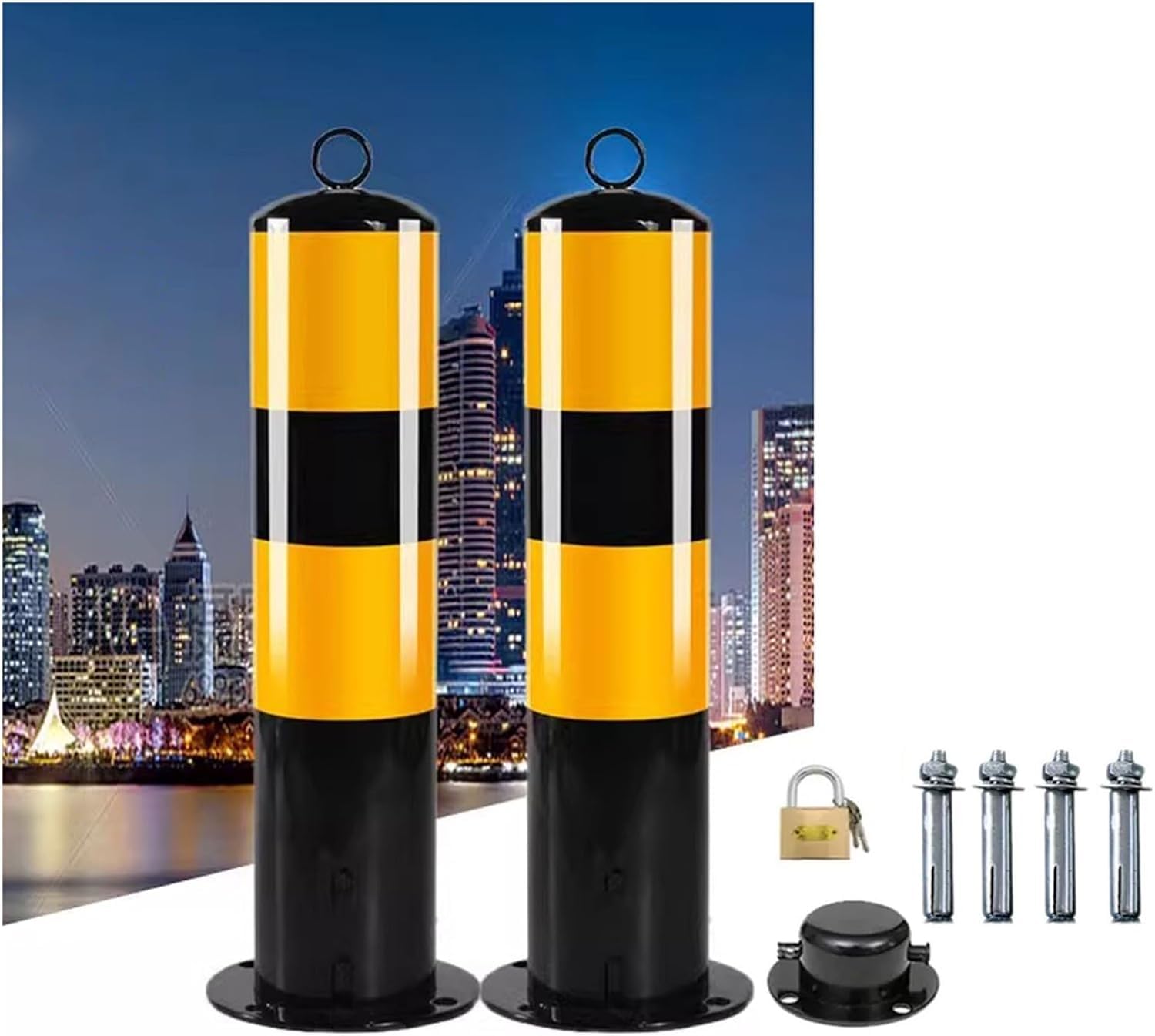Traffic Delineator Post Channelizer Cone Parking Bollards For Driveways, Yellow And Black Reflective Traffic Delineator Post With Lockable For Crowd Control/Street Stanchion/R,2 Pack 75cm/29.5in