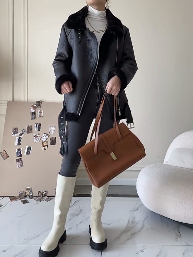 Winter Women's Faux Leather Lambs Leather Jacket Moto Biker