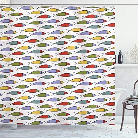 Ambesonne Underwater Shower Curtain, Simplistic Floating Fish Forms in Row Aquatic Underwater Animal Design, Cloth Fabric Bathroom Decor Set with Hooks, 69" W x 70" L, Red Lilac Cover