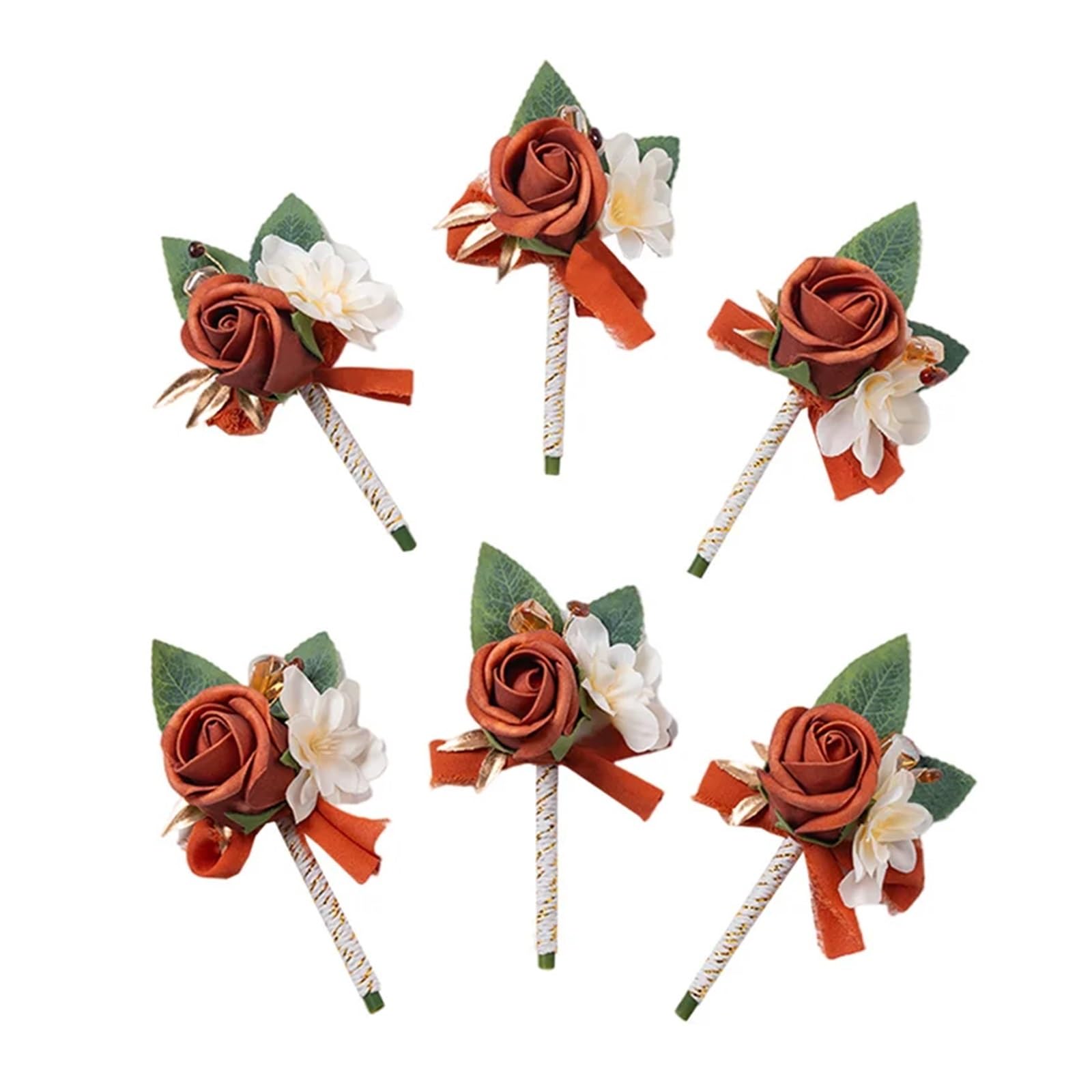 Hzomif Boho Artificial Flower Wedding Corsage Burnt Orange Boutonniere Groom Best Man Groomsmen Artificial Flowers for Wedding Ceremony Fall Vintage Rustic Marriage Prom(WHITE)