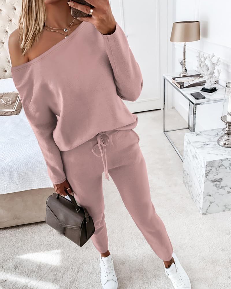 CHICME Women's Long Sleeve Off The Shoulder Pullover Tops and Pants Matching Set Tracksuit Travel Outfits-rb-XL - Image 5