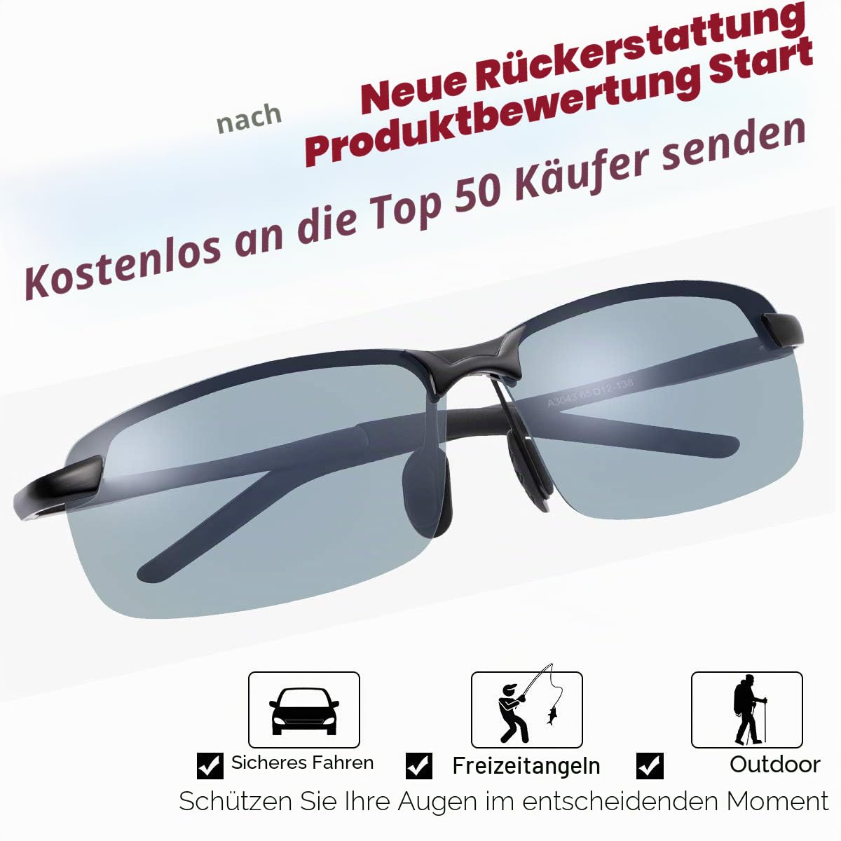 MIRYEA Herren Photochromatisch Sportbrille Polarisiert Rechteckig Sonnenbrille Fahrer Blaulichtfilter Brille Computerbrille Anti Reflexbeschichtung 100% UVA UVB Schutz für Golf, Angeln, Autofahren