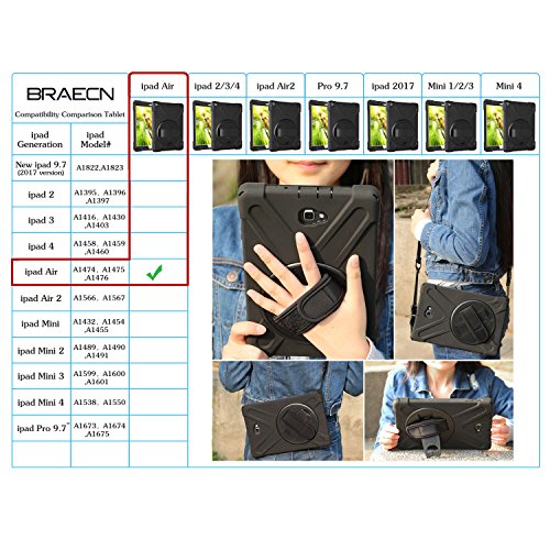 Braecn Ipad Air Shockproof Case [Heavy Duty] Full-Body Rugged Protective Case With 360 Degree Swivel Kickstand/Hand Strap/Shoulder Strap For Ipad Air A1474 A1745 A1476 Case(Red) #TOP7