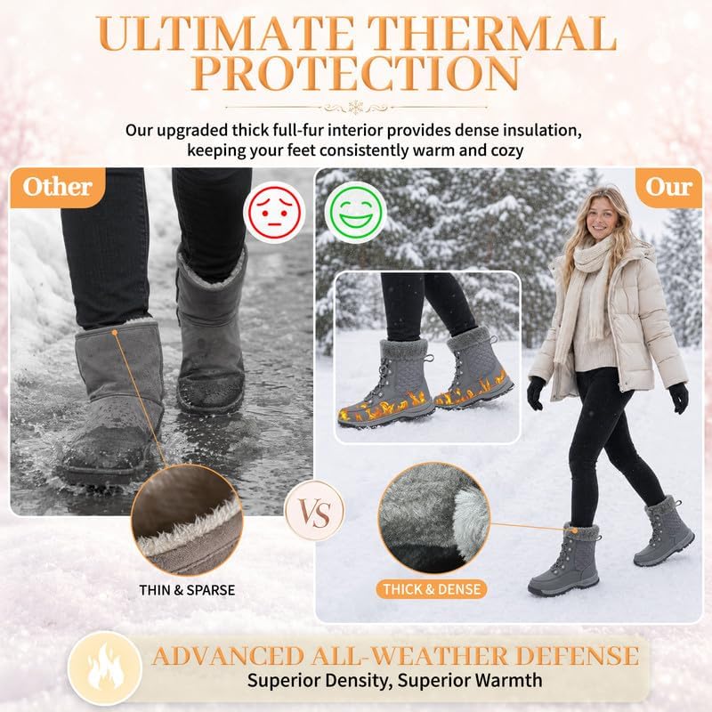 Womens Winter Snow Boots Mid-Calf Booties Warm Fur Lined Cold Weather Shoes