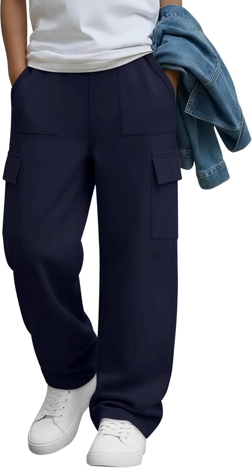 Boy's Cargo Sweatpants Baggy Straight Leg Pants Elastic Waist Open Bottom Athletic Joggers with Pockets