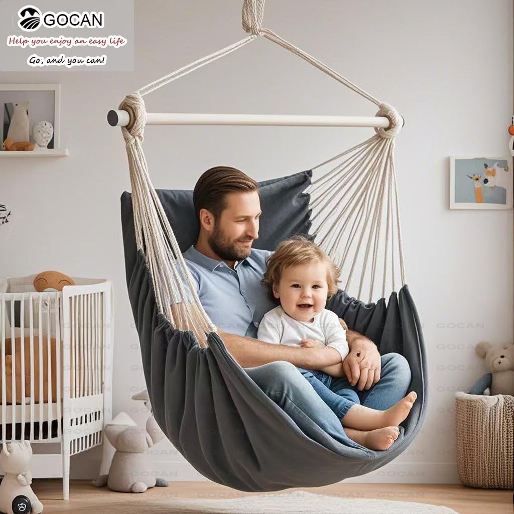 GOCAN Hammock Chair Large Hammock Swing,110 X 150cm Load 150kg,Cotton Hanging Chair Hardwood Spreader Bar Wide Seat Swing Chair (Dark Grey)