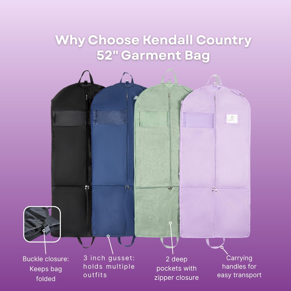 Waterproof Hanging Garment Bag 52 inch Deluxe Clothes Bag with Gusset, 4 Pockets & Side Zip for Dance Costumes, Sports, Skating, Theatre, Beauty Pageants & More by Kendall Country (Moss) - Image 6